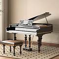 Elegant Black Grand Piano and Wooden Stool in Classic Living Room with Plants and Window