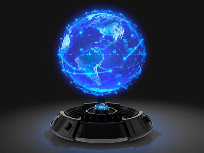 DP Device With Black Base Supporting Blue Glowing Globe Network Lines And Data Points 3d model