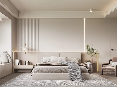 Modern Elegant Bedroom Interior Design With Neutral Tones Upholstered Headboard And Pendant Lighting 3d model