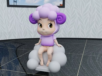 Adorable Purple Lamb Cartoon Figure With Curly Hair Sitting On Cloud Against Light Patterned Wall 3d model