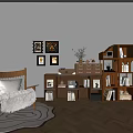 Wooden Bookshelf With Compartments Books Decor Items Armchair Rug And Potted Plant In Warm Interior