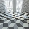 Geometric Design Wooden Flooring With Sunlight Through Large Windows Curtains And Silver Sphere