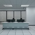Monitoring Room Interior With Large Screen Multiple Computer Monitors Office Desk And Server Racks