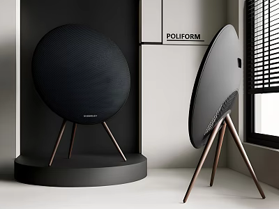 Sleek Poliform Black Round Speakers With Tripod Legs And Base Design 3d model
