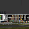 Modern Multi story School Building With Glass Facade Green Lawns And Outdoor Playground
