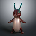 Fantasy Game Movie Character With Green Blue Striped Horns Red Body And White Translucent Belly