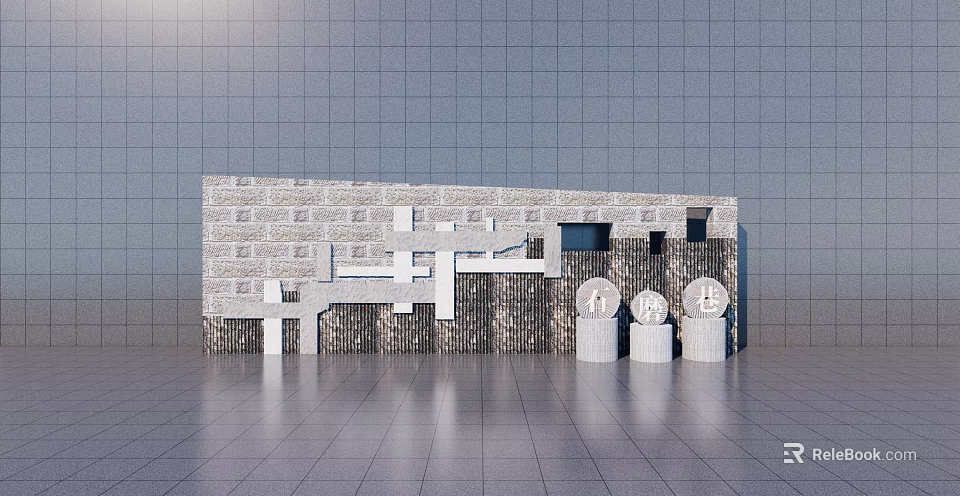 Modern Textured Stone Feature Wall With Geometric Patterns And Cylindrical Decorations 3d model