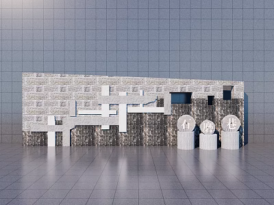 Modern Textured Stone Feature Wall With Geometric Patterns And Cylindrical Decorations 3d model