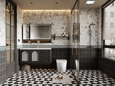 Modern Bathroom Interior With Black White Geometric Floor Double Sink Vanity And Glass Shower 3d model