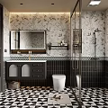 Modern Bathroom Interior With Black White Geometric Floor Double Sink Vanity And Glass Shower