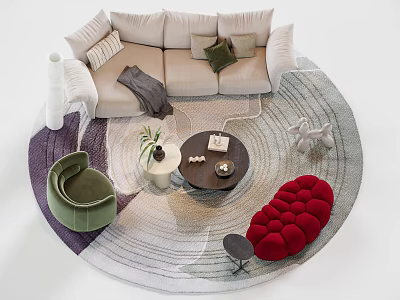 Modern Beige Sofa with Pillows Round Coffee Table and Patterned Rug Green Armchair Red Ottoman 3d model