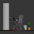 Circular Platform With Orange Floor White Cylindrical Pillar Desk Chair Green Plant And White Container