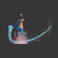 Game Movie Character in Orange Blue Outfit Holding Ball with Glowing Rings and Sparkling Particles