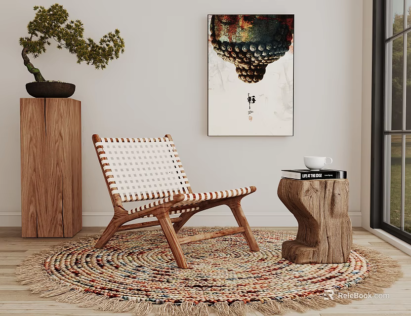 Woven Rattan Leisure Chair With Wooden Frame On Round Braided Rug Near Wooden Side Table 3d model 