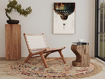 Woven Rattan Leisure Chair With Wooden Frame On Round Braided Rug Near Wooden Side Table 3d model