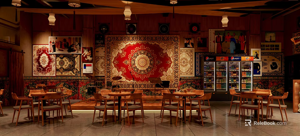 Cozy Bar Interior Featuring Decorative Rugs Wooden Tables Sound Equipment And Beverage Coolers 3d model 