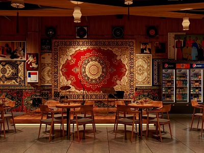 Cozy Bar Interior Featuring Decorative Rugs Wooden Tables Sound Equipment And Beverage Coolers 3d model