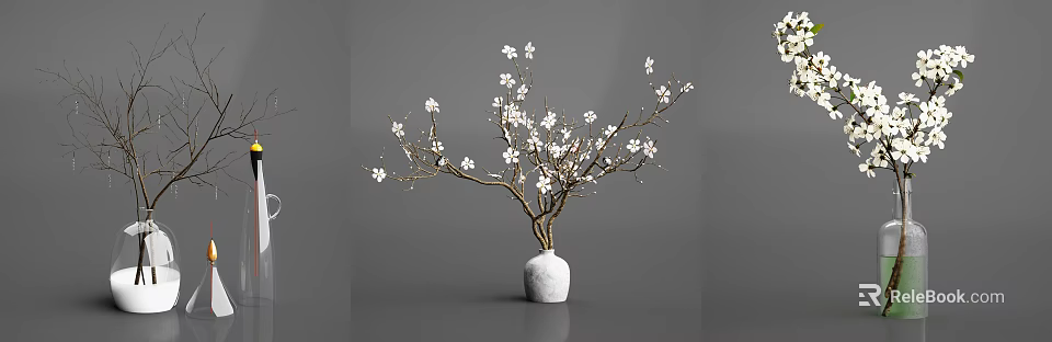 Minimalist White Vase With White Flowers And Branches On Gray Background 3d model 