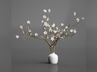 Minimalist White Vase With White Flowers And Branches On Gray Background 3d model