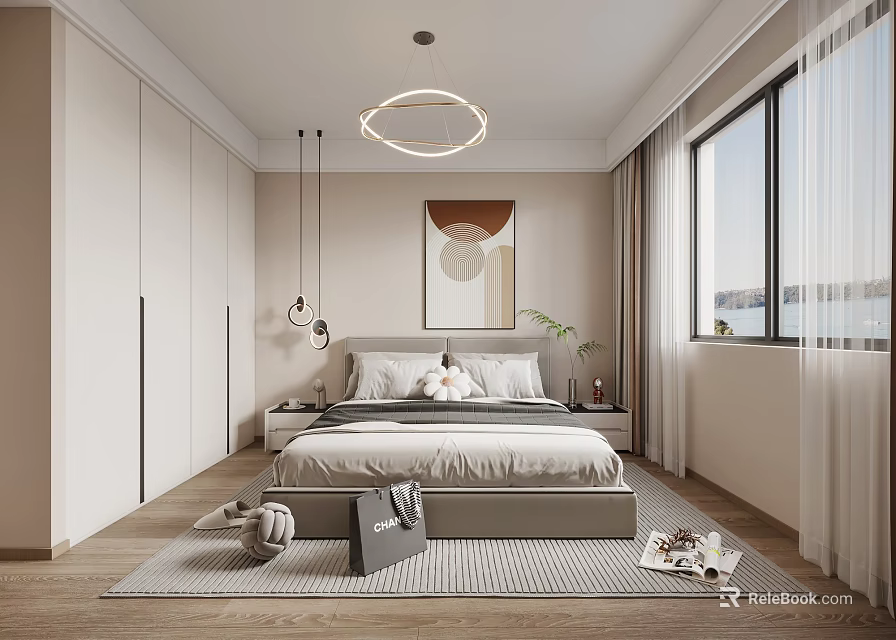 Modern Minimalist Bedroom Interior With King Size Bed Built in Wardrobe And Round Pendant Light 3d model 