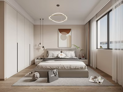 Modern Minimalist Bedroom Interior With King Size Bed Built in Wardrobe And Round Pendant Light 3d model