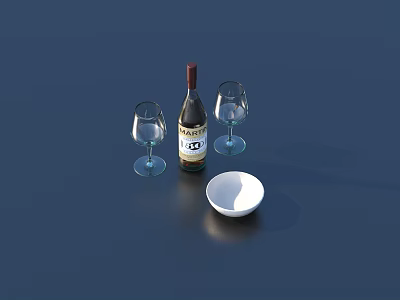 Elegant Wine Bottle With Two Wine Glasses And White Bowl On Dark Table 3d model