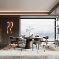 Elegant Modern Restaurant Interior Featuring Round Dining Table Chairs Fireplace And Mountain View Window 3d model