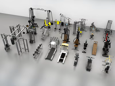 Diverse Fitness Equipment Collection Including Treadmills Weight Racks Multifunctional Trainers Dumbbells And Benches 3d model