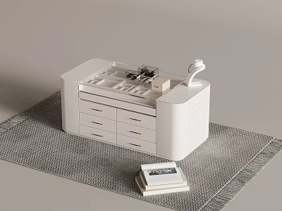 White Vanity Table With Drawers Tray And Table Lamp On Gray Rug And Book Below 3d model