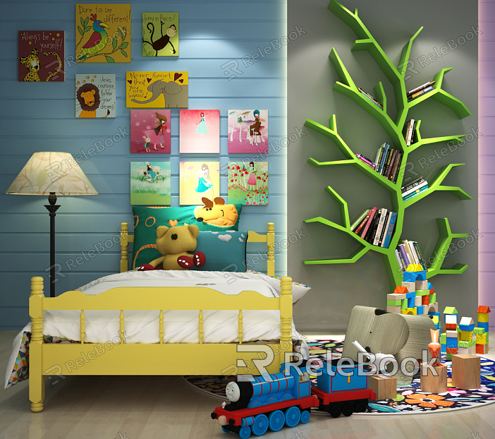 Jane European Children's Bed Train Floor Lamp Tree Bookshelf Decorative Painting Combination model