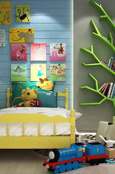 Yellow Children's Bed With Teddy Bear Blue Wall Cartoons Green Tree Shaped Bookshelf And Toys 3d model