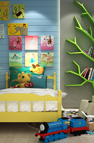 Jane European Children's Bed Train Floor Lamp Tree Bookshelf Decorative Painting Combination 3d model