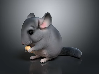 Cute Gray Chinchilla Eating Food While Holding Treat In Dark Background 3d model