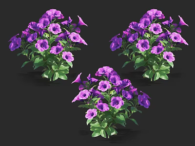 Vibrant Purple Flowers With Lush Green Leaves In Three Clusters 3d model