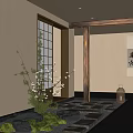Traditional Japanese Tea Room Interior With Wooden Pillar Stone Pathway Green Plants And Calligraphy Scroll