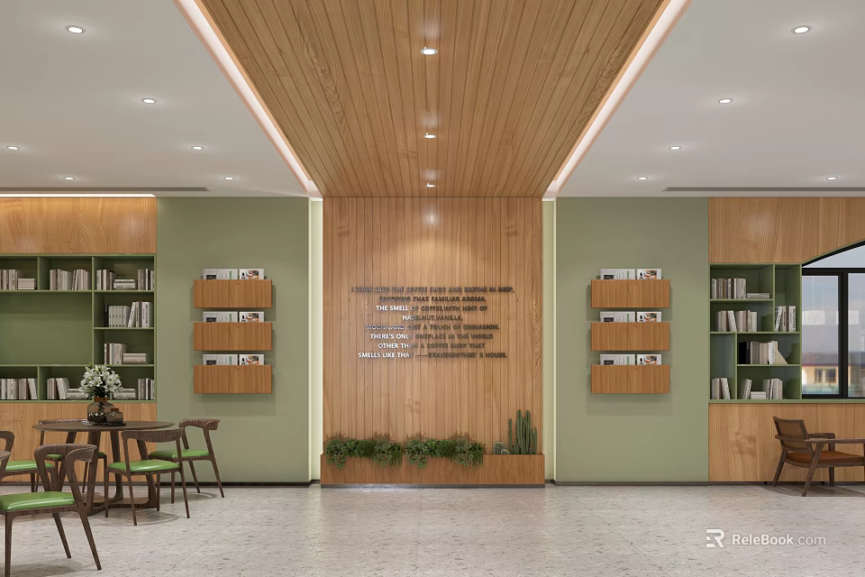 School Library Reading Area With Wooden Ceiling Green Walls Engraved Wooden Wall Bookshelves And Tables 3d model 