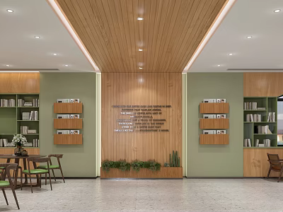 School Library Reading Area With Wooden Ceiling Green Walls Engraved Wooden Wall Bookshelves And Tables 3d model