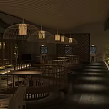 Traditional Chinese Restaurant Interior With Wooden Lantern Lights And Dining Furniture