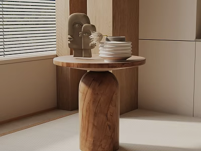 Wooden Round Top Side Table with Sculptures Feather Decor and Stacked Plates in Modern Indoor 3d model