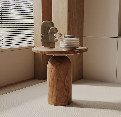 Wooden Round Top Side Table with Sculptures Feather Decor and Stacked Plates in Modern Indoor 3d model
