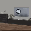 Modern Gray TV Stand In Living Room With Wall Mounted TV And Decorative Items