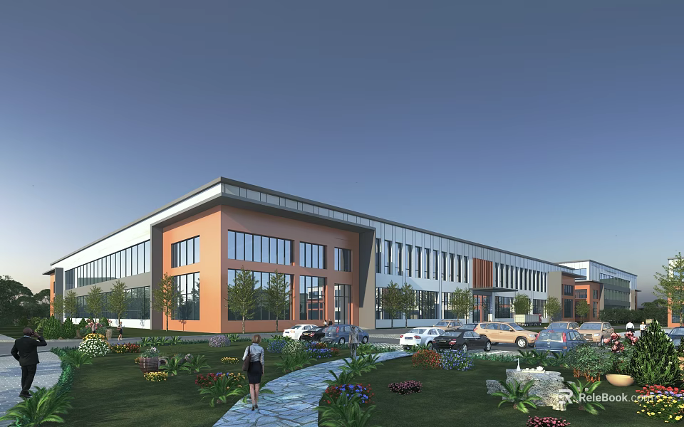 Modern Industrial Factory Building With Glass Windows Green Landscaping And Parking Area 3d model 