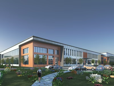 Modern Industrial Factory Building With Glass Windows Green Landscaping And Parking Area 3d model