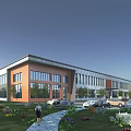 Modern Industrial Factory Building With Glass Windows Green Landscaping And Parking Area