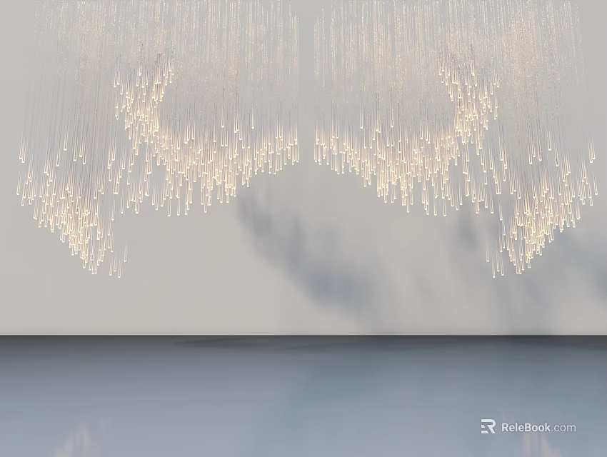 Swing Door In Modern Interior With White Hanging Water Drop Decorations And Light Gray Walls 3d model 