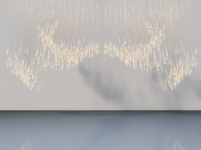 Swing Door In Modern Interior With White Hanging Water Drop Decorations And Light Gray Walls 3d model