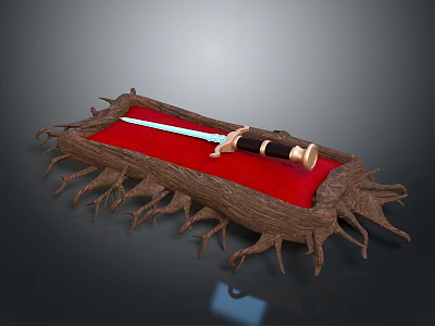 Elegant Root Decorated Display Stand With Red Cushion And Ornate Sword 3d model