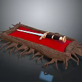 Elegant Root Decorated Display Stand With Red Cushion And Ornate Sword