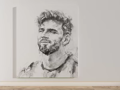 Black and White Sketch Portrait Painting of Bearded Male with Curly Hair on White Wall 3d model