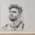 Black and White Sketch Portrait Painting of Bearded Male with Curly Hair on White Wall